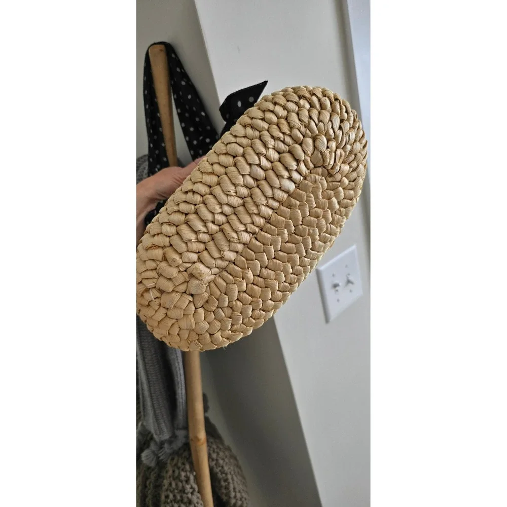 Cappelli Straworld Woven Corn Husk Tote Bag Polka Dot Handles‎ Tan Black White